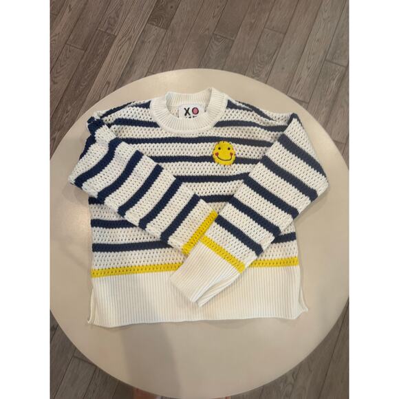 Kerri Rosenthal Knit Crochet Smiley Face Striped Sweater S Blue White Yellow - Picture 5 of 9